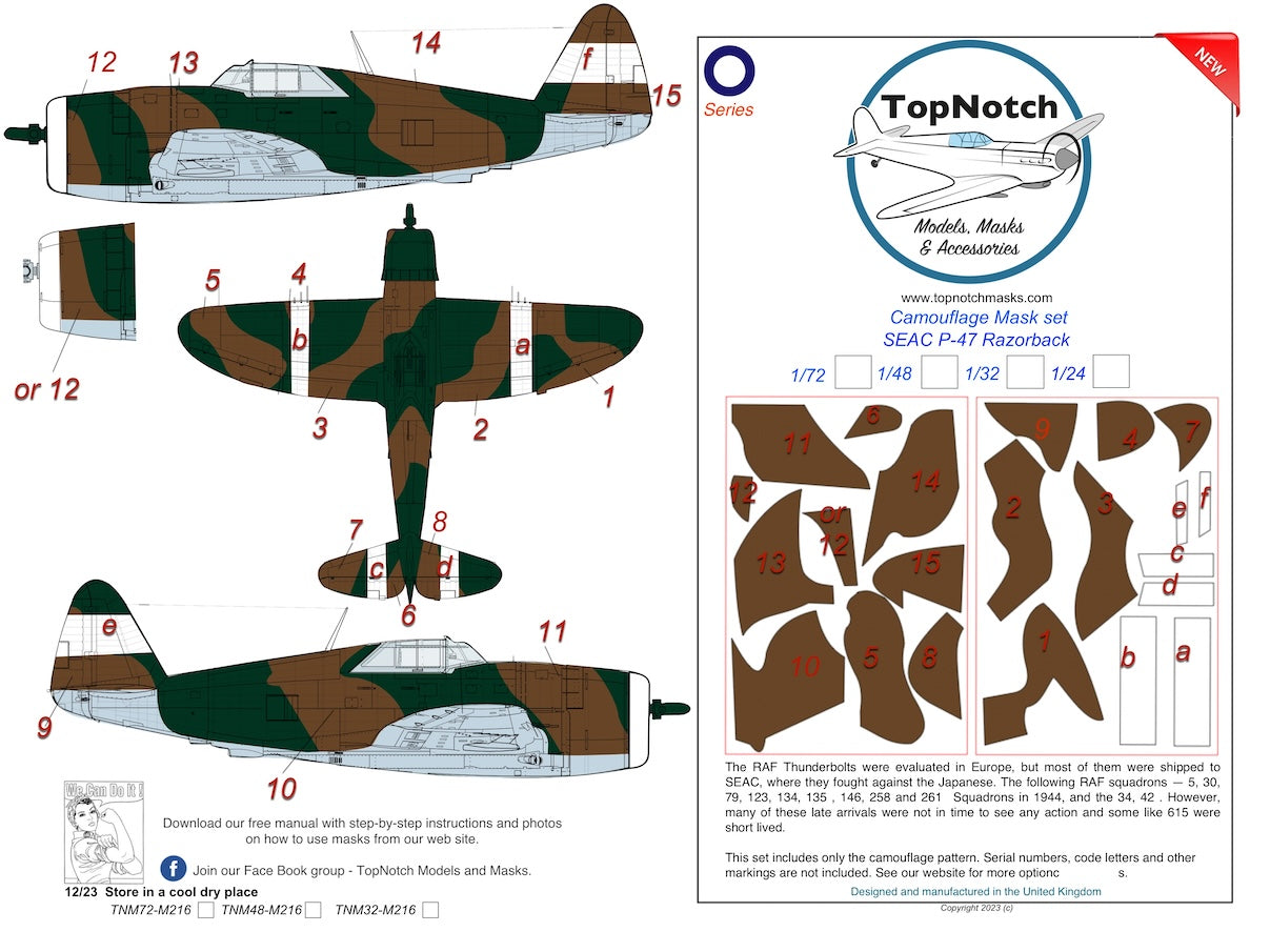 TopNotch TNM32-M216 1:32 Republic P-47D Thunderbolt 'Razorback' SEAC Camouflage pattern paint mask (designed to be used with kits)