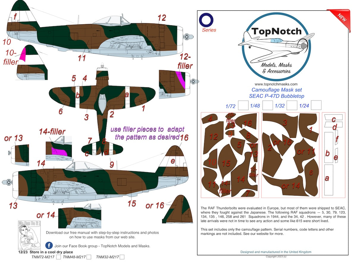 TopNotch TNM24-M217 1:24 Republic P-47D Thunderbolt 'Bubble top' SEAC Camouflage pattern paint mask (designed to be used with kits)