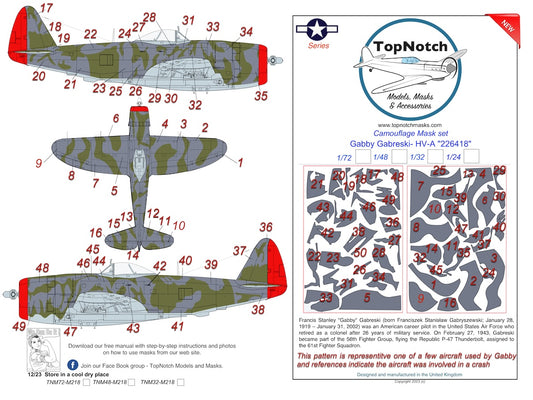 TopNotch TNM72-M218 1:72 P-47D Thunderbolt 'Bubble top' Gabreski HV-A '226418' Camouflage pattern paint mask