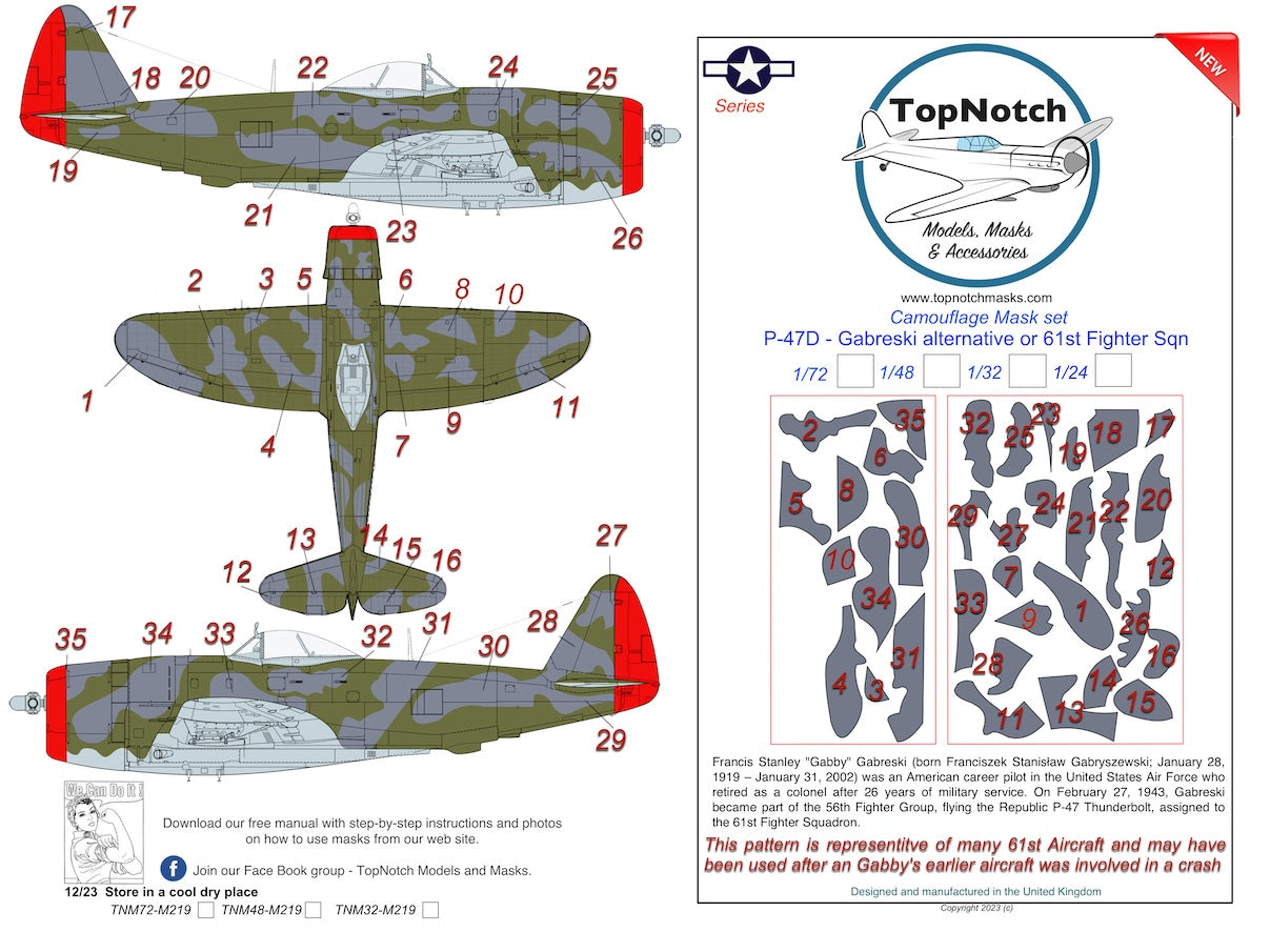 TopNotch TNM72-M219 1:72 P-47D Thunderbolt 'Bubble top' 'Gabreski' Alternative Camouflage pattern paint mask