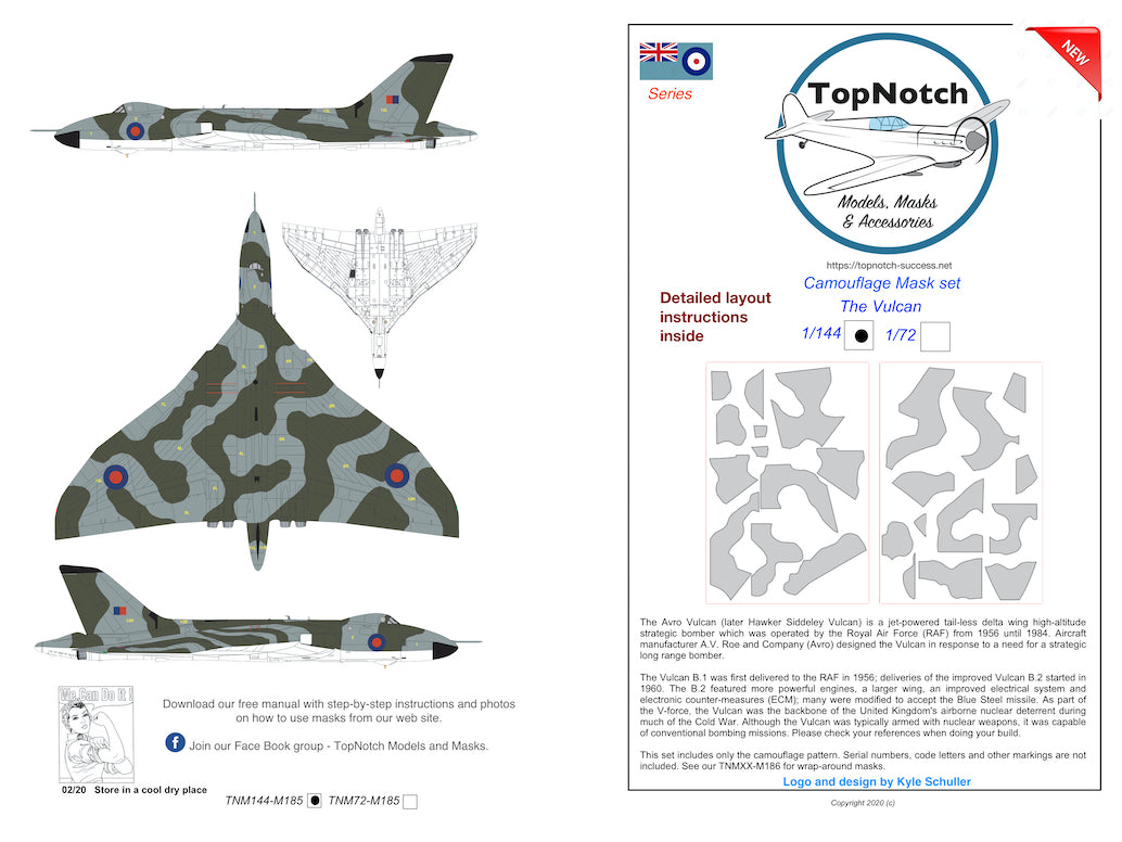 TopNotch TNM144-M185 1:144 Avro Vulcan B.2 standard upper surfaces only camouflage pattern paint masks