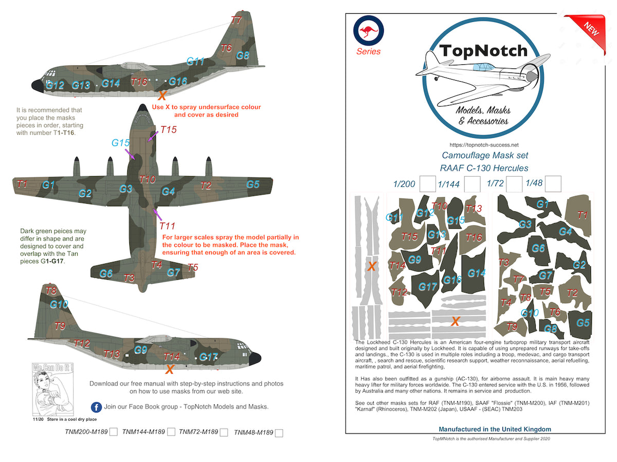 TopNotch TNM200-M189 1:200 RAAF Lockheed C-130 Hercules camouflage pattern paint masks