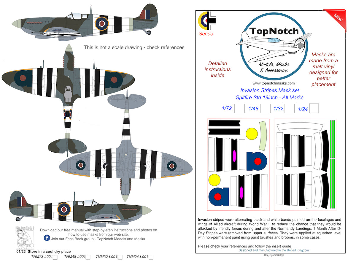 TopNotch TNM24-L001 1:24 Supermarine Spitfire Standard 18inch Invasion stripes