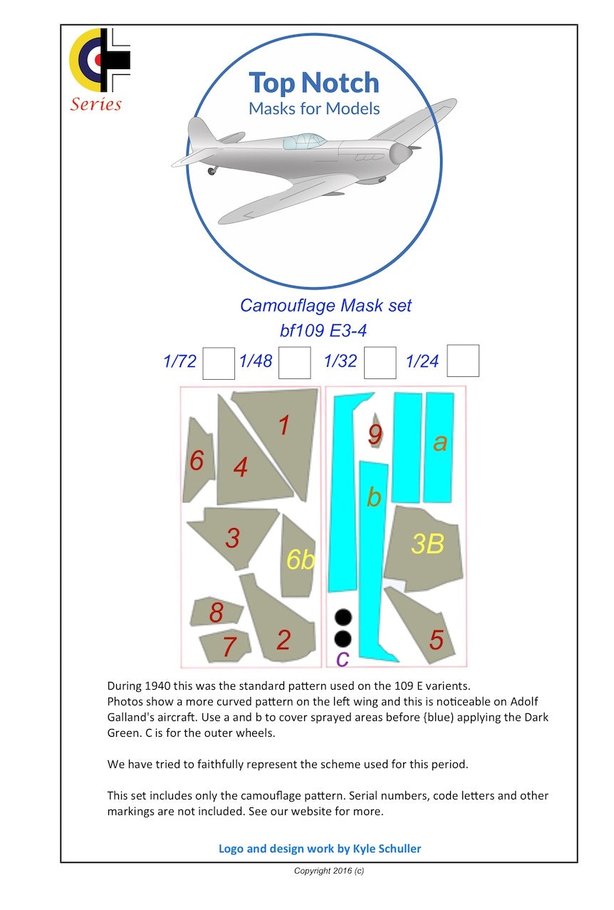 TopNotch TNM24-M028 1:24 Messerschmitt Bf-109E-3/Bf-109E-4 camouflage pattern paint masks