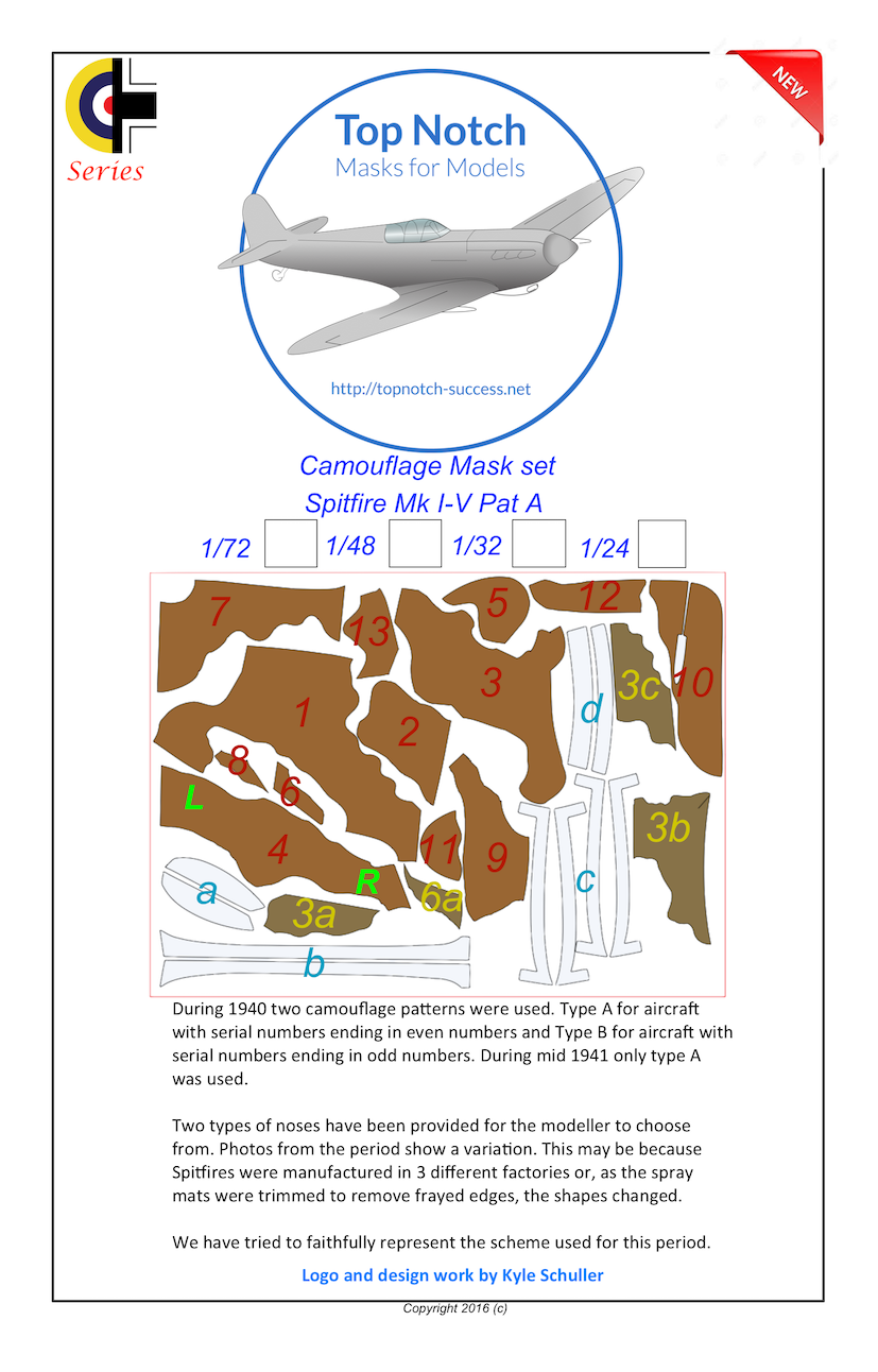 TopNotch TNM24-M050 1:24 Supermarine Spitfire Mk.I to Mk.V Pattern A camouflage pattern paint masks