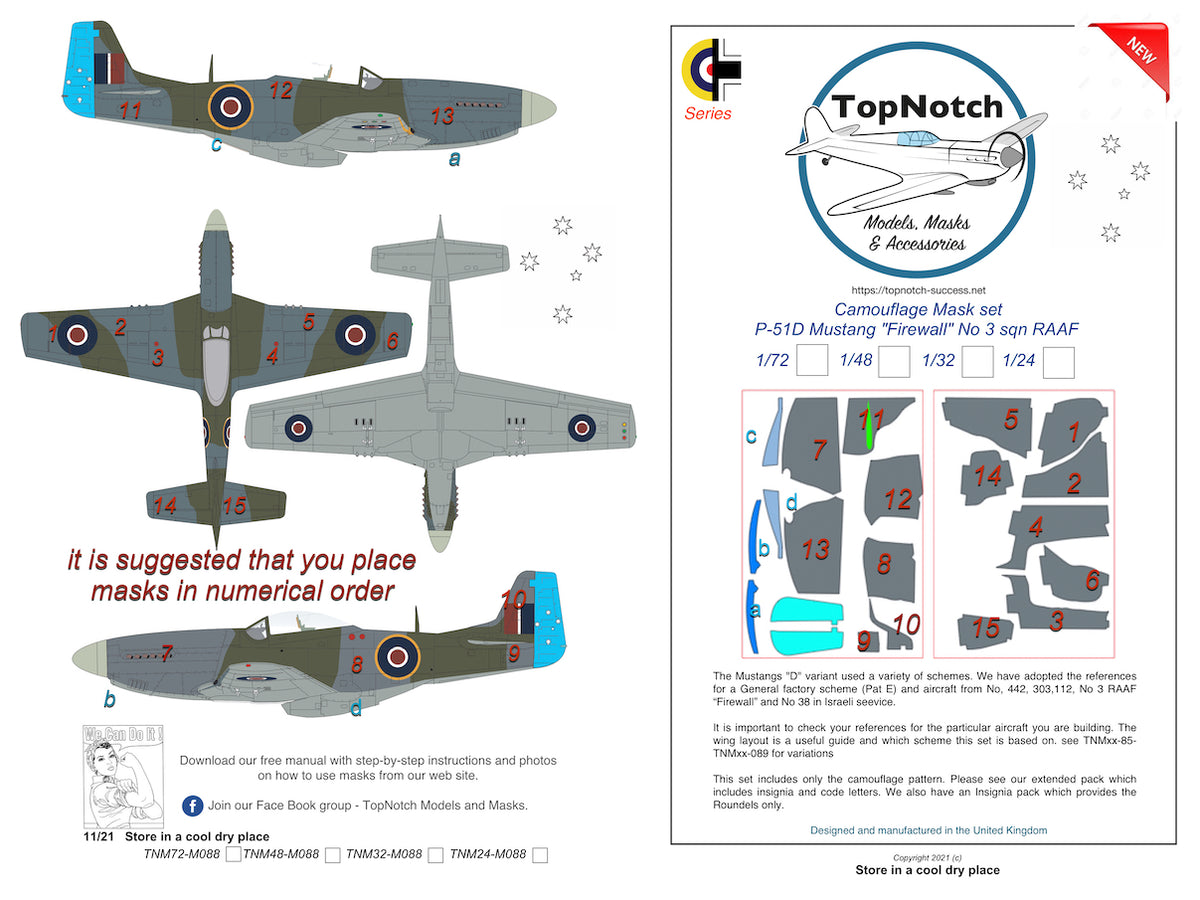 TopNotch TNM24-M088 1:24 P-51D Mustang 'Firewall' No 3 sqn RAAF camouflage pattern paint masks
