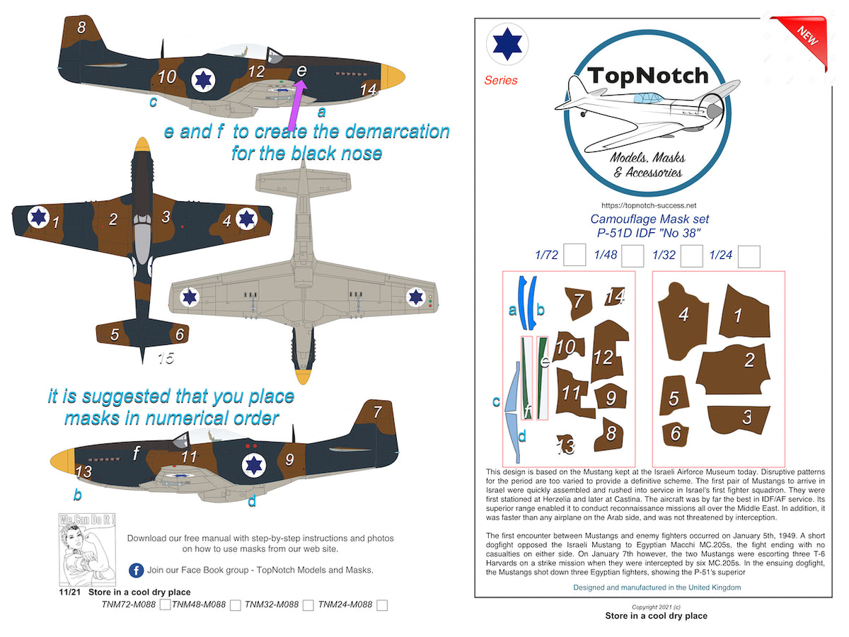 TopNotch TNM24-M089 1:24 P-51D Mustang IDF 'No 38' camouflage pattern paint masks