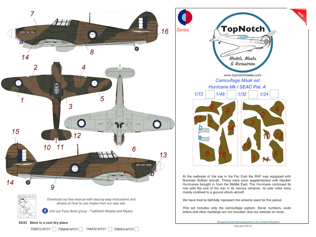 TopNotch TNM24-M101 1:24 SEAC Hawker Hurricane Mk.I Pattern A Camouflage pattern paint masks