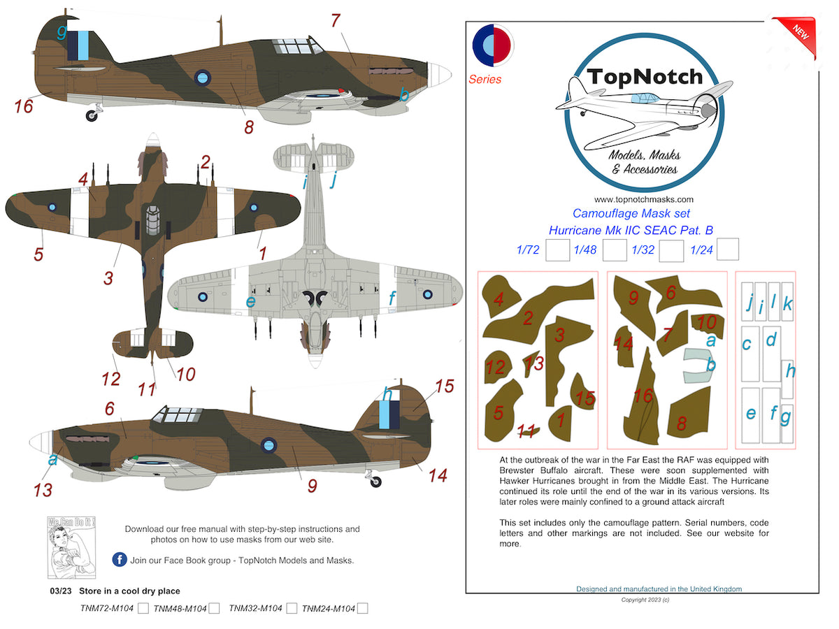 TopNotch TNM24-M104 1:24 SEAC Hawker Hurricane Mk.IIc Pattern B Camouflage pattern paint masks