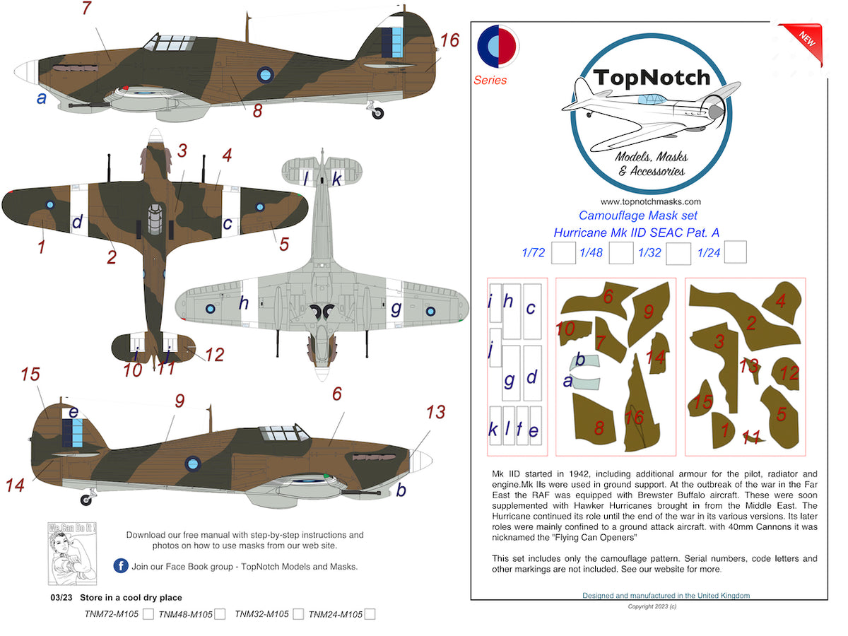 TopNotch TNM24-M105 1:24 SEAC Hawker Hurricane Mk.IID Pattern A Camouflage pattern paint masks