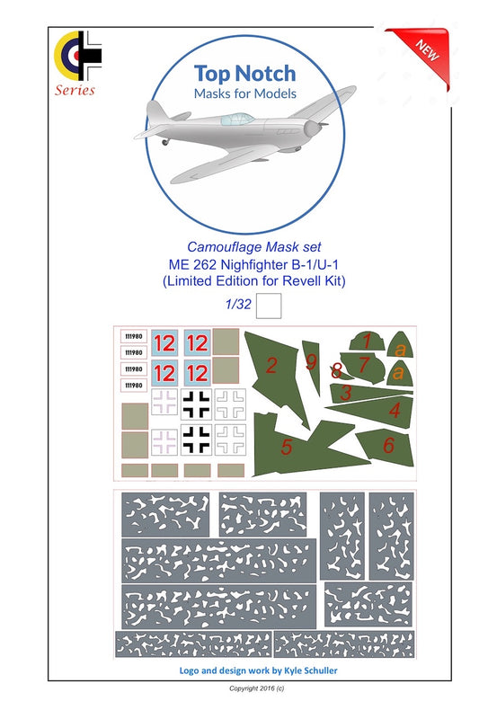 TopNotch TNM32-S001 1:32 Messerschmitt Me-262B-1/U1 Nightfighter camouflage pattern paint masks