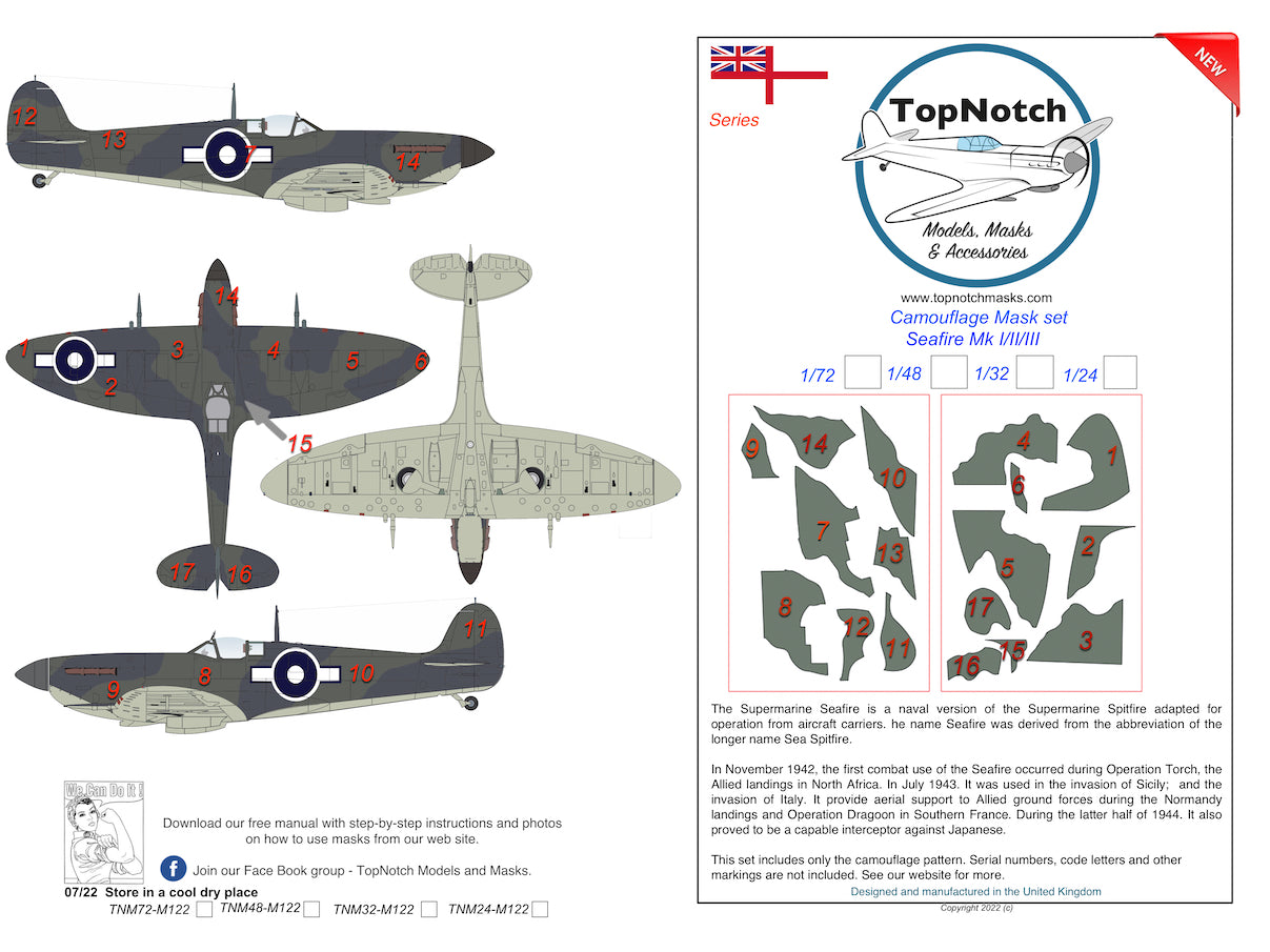 TopNotch TNM72-M122 1:72 Supermarine Seafire Mk.I/Mk.II/Mk.III camouflage pattern paint masks