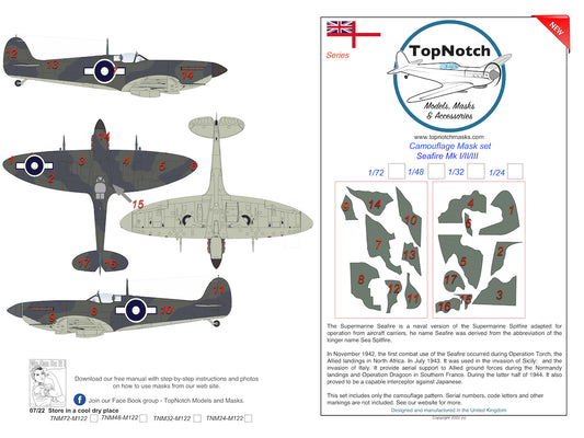 TopNotch TNM72-M122 1:72 Supermarine Seafire Mk.I/Mk.II/Mk.III camouflage pattern paint masks