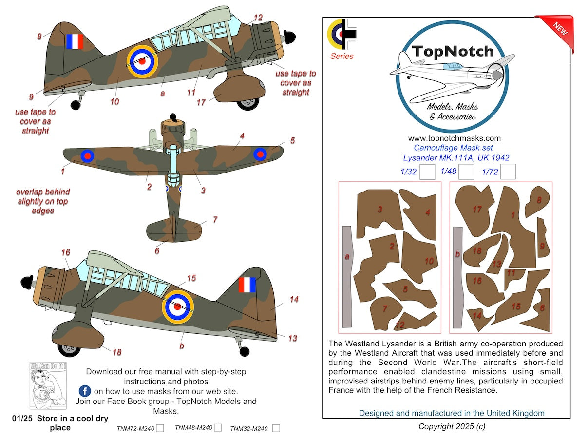 TopNotch 72-M240 1:72 Westland Lysander Mk.IIIA RAF 1942 camouflage pattern paint mask