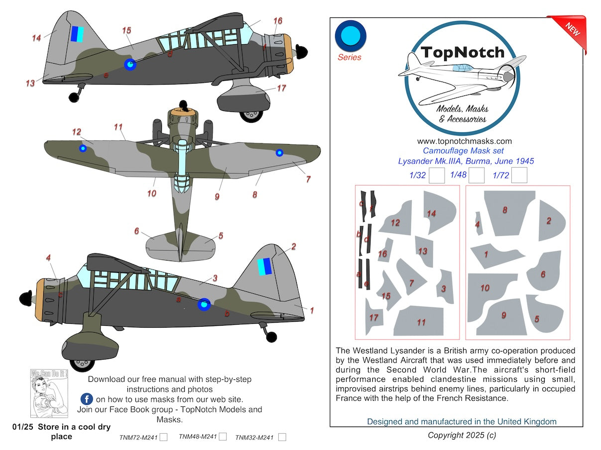 TopNotch 72-M241 1:72 Westland Lysander Mk.IIIA Burma 1945 camouflage pattern paint mask