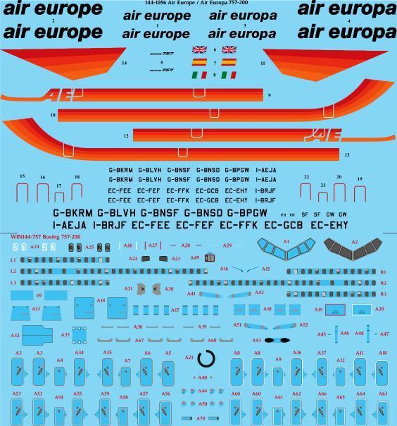 26 Decals 144-1056 1:144 Air Europe/Air Europa 757-200 laser decal with screen print details - for Zvezda kit