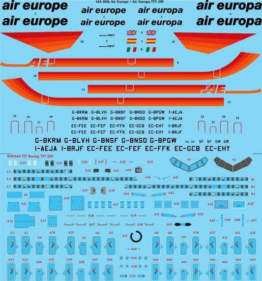 26 Decals 144-1056 1:144 Air Europe/Air Europa 757-200 laser decal with screen print details - for Zvezda kit