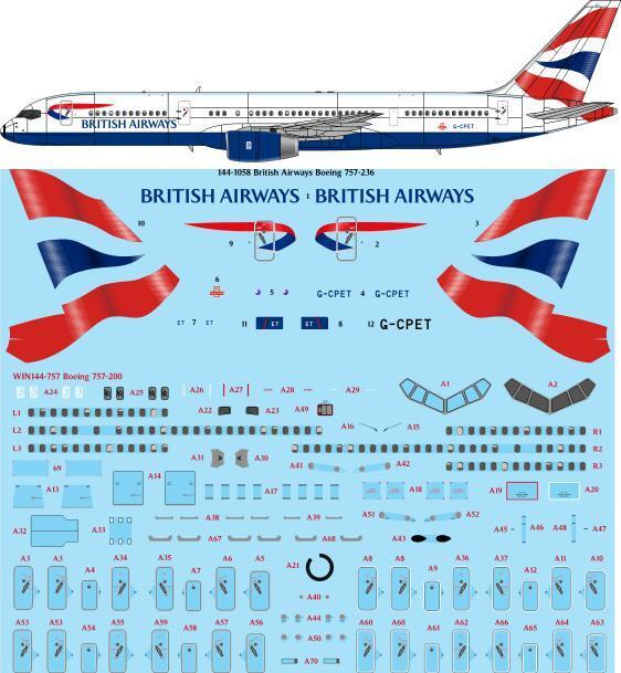 26 Decals TS144-1058 1:144 British Airways Boeing 757-236 Laser Decal with Screen Printed Details - for Zvezda kit