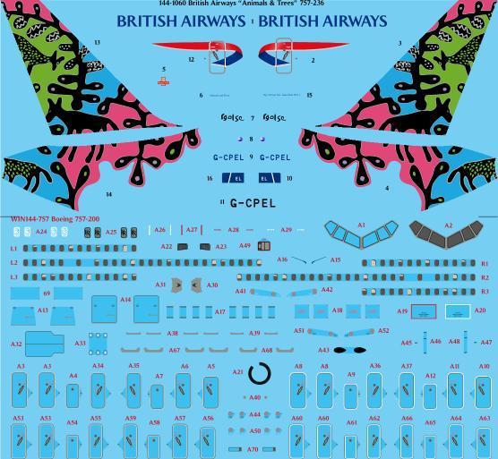 26 Decals TS144-1060 1:144 British Airways Animals & Trees Boeing 757-236 Laser Decal with Screen Print Details - for Zvezda