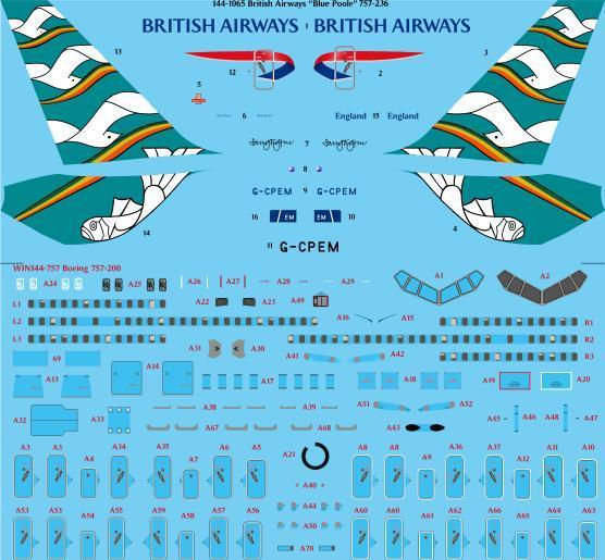 26 Decals TS144-1065 1:144 British Airways Blue Poole Boeing 757-236 Laser Decal with Screen Print Details - for Zvezda kit