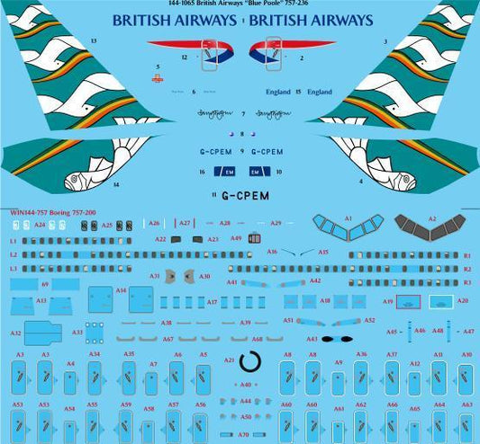 26 Decals TS144-1065 1:144 British Airways Blue Poole Boeing 757-236 Laser Decal with Screen Print Details - for Zvezda kit