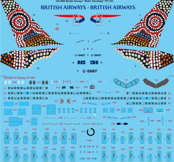 26 Decals TS144-1066 1:144 British Airways Water Dreaming Boeing 757-236 Laser Decal with Screen Print Details - for Zvezda