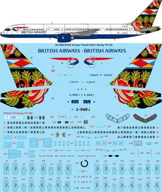 26 Decals TS144-1068 1:144 British Airways 'Grand Union' Boeing 757-236 laser decal