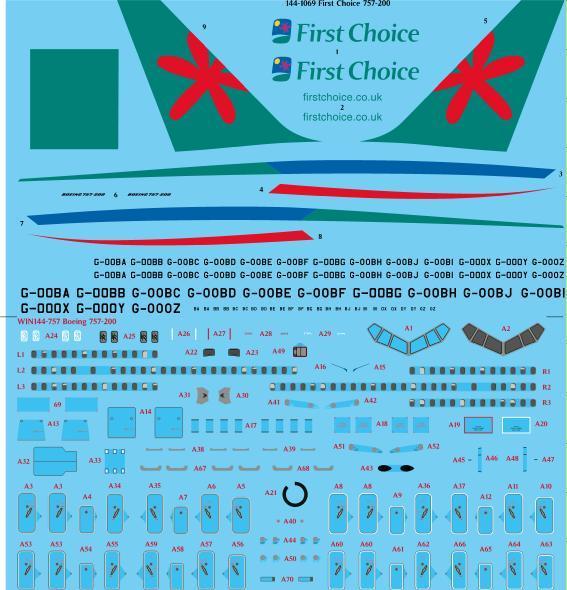 26 Decals 144-1069 1:144 First Choice 757-200 laser decal with screen print details - for Zvezda kit