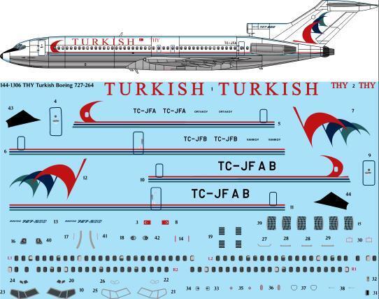 26 Decals TS144-1306 1:144 THY Turkish Experimental Boeing 727-264 laser decal for CRM kit