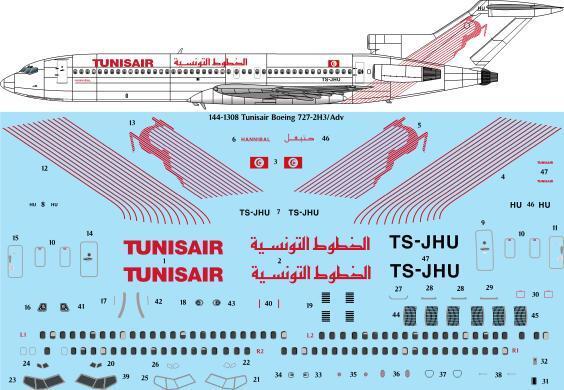 26 Decals TS144-1308 1:144 Tunisair Boeing 727-2H3/Adv laser decal for CRM kit
