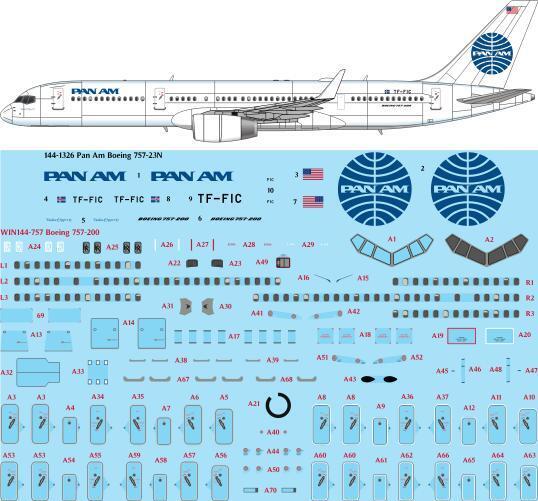 26 Decals TS144-1326 1:144 Pan Am Boeing 757-23N laser decal with screen print details
