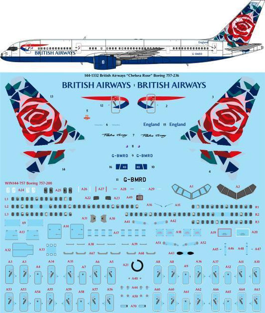 26 Decals 144-1332 1:144 British Airways 'Chelsea Rose' Boeing 757-236 laser decal with screen print details