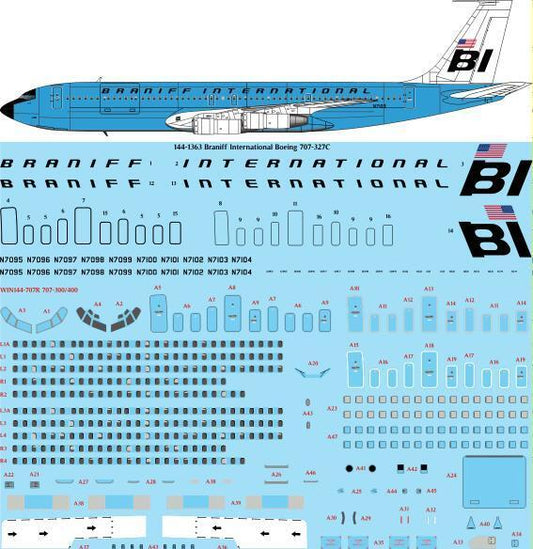 26 Decals TS144-1363 1:144 Braniff International Boeing 707-327C laser decal with screen print details