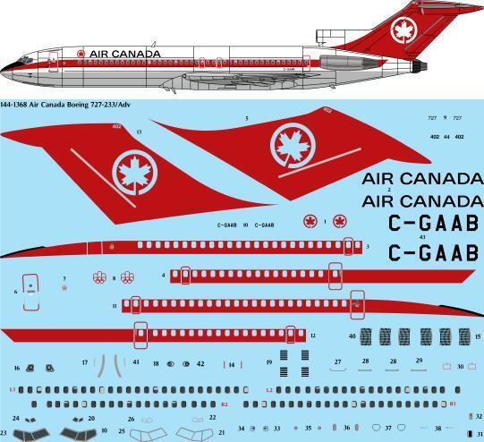 26 Decals TS144-1368 1:144 Air Canada Boeing 727-233/Adv C-GAAB laser decal - for CRM kit