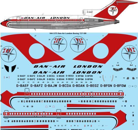 26 Decals TS144-1375 1:144 Dan-Air London Boeing 727-100 laser decal - for CRM kit