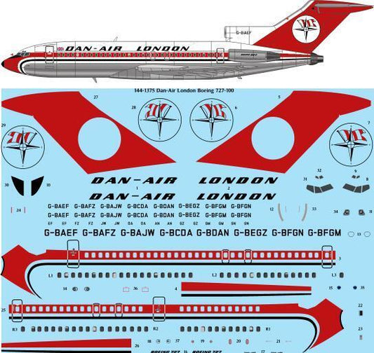 26 Decals TS144-1375 1:144 Dan-Air London Boeing 727-100 laser decal - for CRM kit