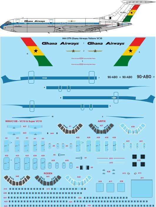 26 Decals TS144-1379 1:144 Ghana Airways Vickers VC10 laser decal