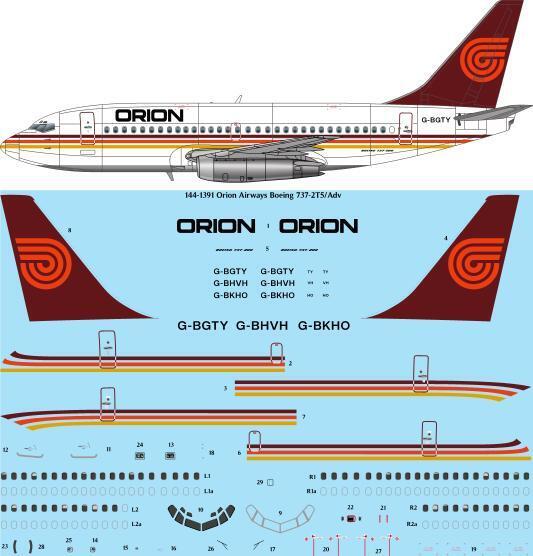 26 Decals TS144-1391 1:144 Orion Airways Boeing 737-2T5/Adv Laser Decal - for X-Scale Kit