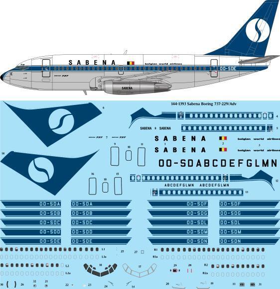 26 Decals TS144-1393 1:144 Sabena Boeing 737-229/Adv Laser Decal - for X-Scale kit