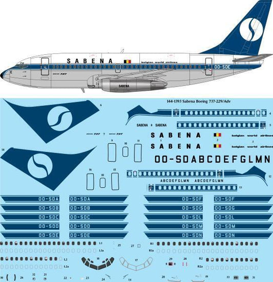 26 Decals TS144-1393 1:144 Sabena Boeing 737-229/Adv Laser Decal - for X-Scale kit