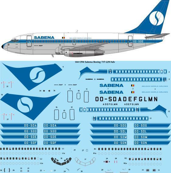 26 Decals TS144-1394 1:144 Sabena (late) Boeing 737-229/Adv laser decal