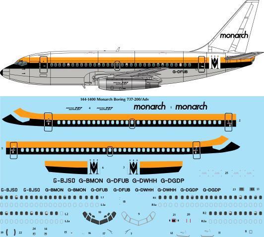 26 Decals TS144-1400 1:144 Monarch Boeing 737-200/Adv