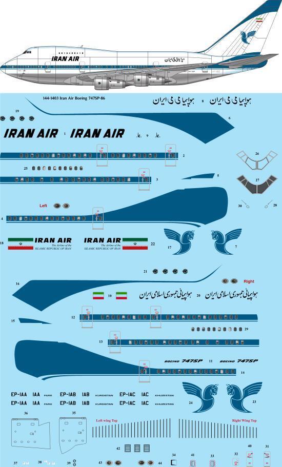 26 Decals TS144-1403 1:144 Iran Air Boeing 747SP-86 Laser Decal - for Eastern Express / AMP kit