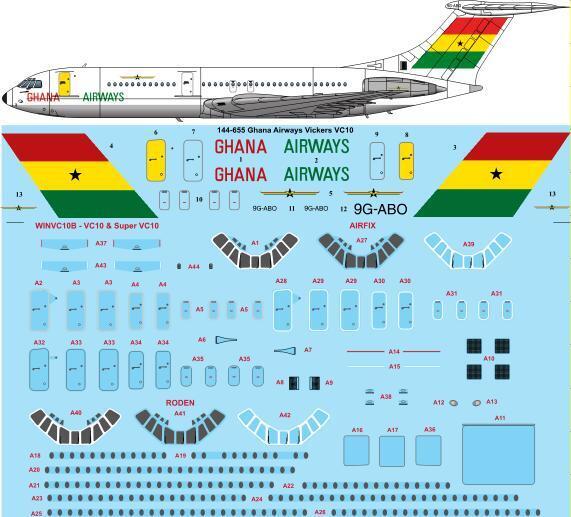 26 Decals TS144-655 1:144 Ghana Airways Vickers VC-10 laser decal