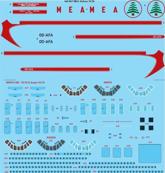 26 Decals TS144-967 1:144 MEA Middle East Airlines Vickers VC-10 laser decal