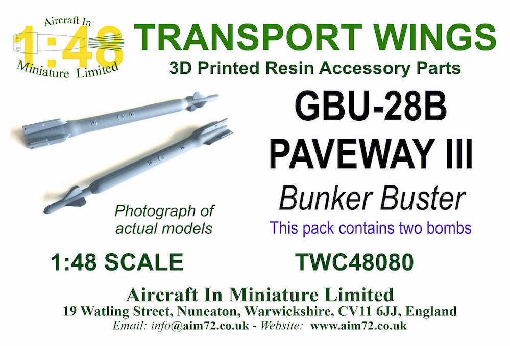 AIM - Transport Wings TWC48080 1:48 GBU-28B Paveway III Bunker Buster (Pack of 2) 3D-Printed