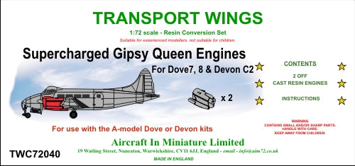 AIM - Transport Wings TWC72040 1:72 Supercharged Gipsy Queen Engines - for Dove-7/8 & Devon C2