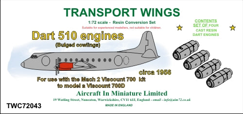 AIM - Transport Wings TWC72043 1:72 Dart 510 Engine (with Bulged Cowling) - Set of 4 Engines to convert to Vickers Viscount 700D