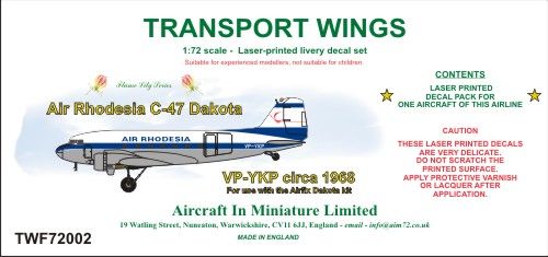AIM - Transport Wings TWF72002 1:72 Air Rhodesia Douglas C-47A (Circa 1968) Decal Set