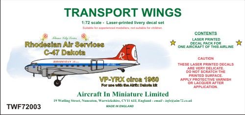 AIM - Transport Wings TWF72003 1:72 Rhodesian Air Services Dakota (Circa 1960) Decal Set